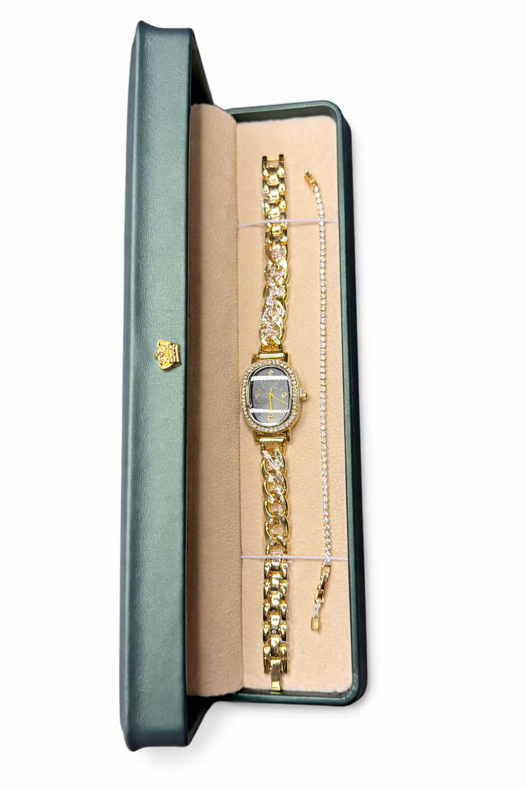 Coffret Montre Femme Dorée Cadran Noir – Élégance Luxe