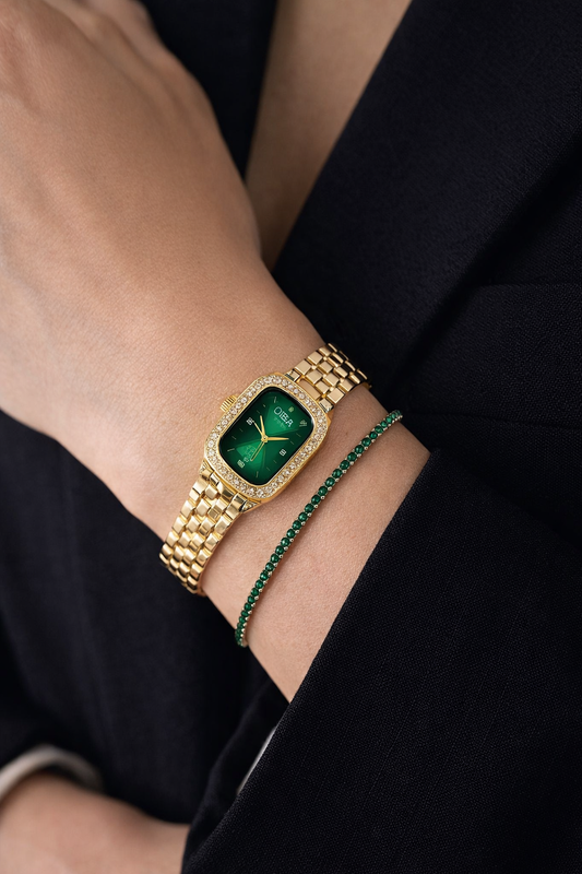 Montre Dorée Élégante avec Bracelet Vert