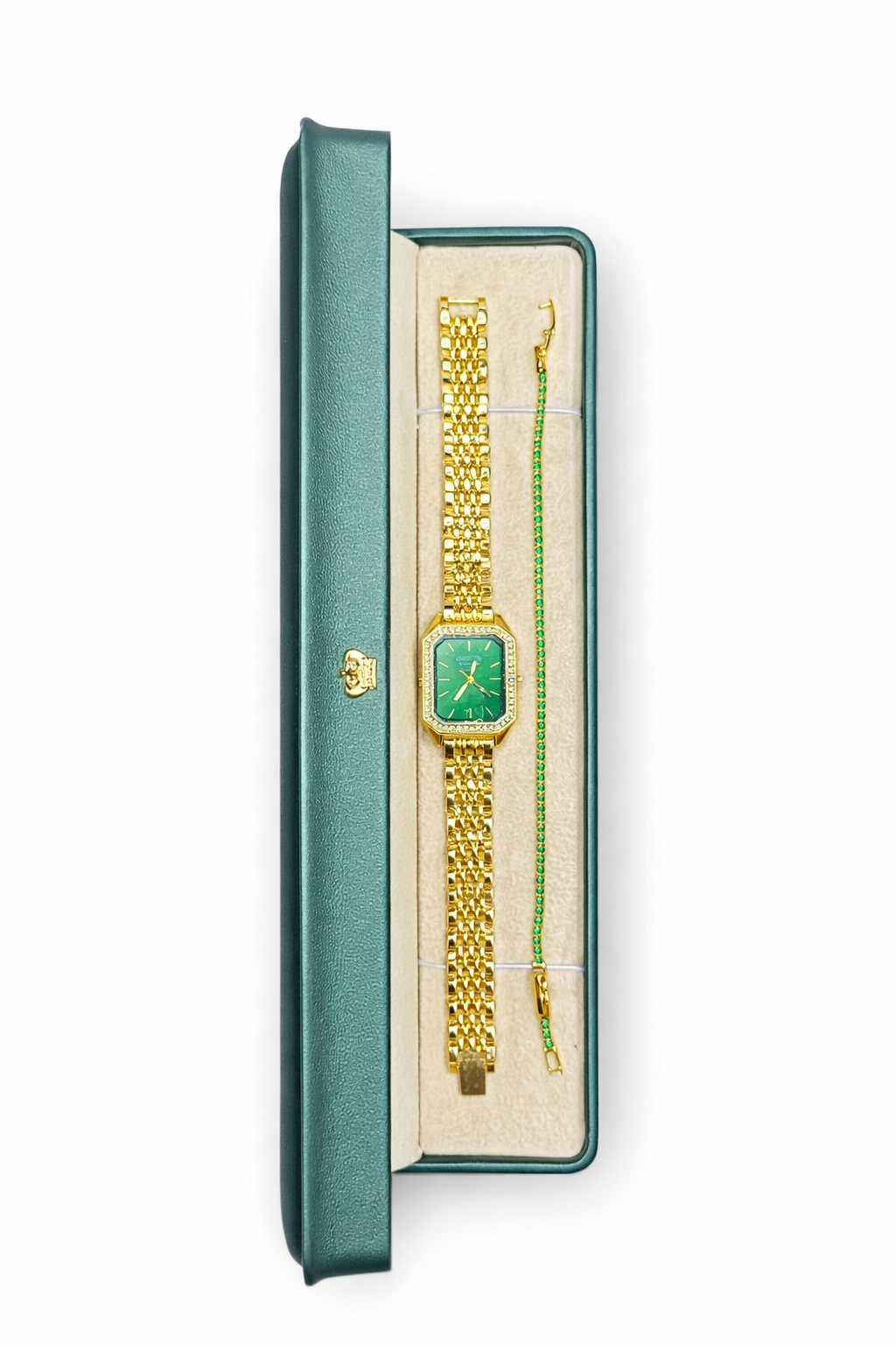 Montre Femme Luxe Dorée + Bracelet Vert Cadeau