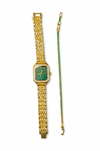 Montre Femme Luxe Dorée + Bracelet Vert Cadeau