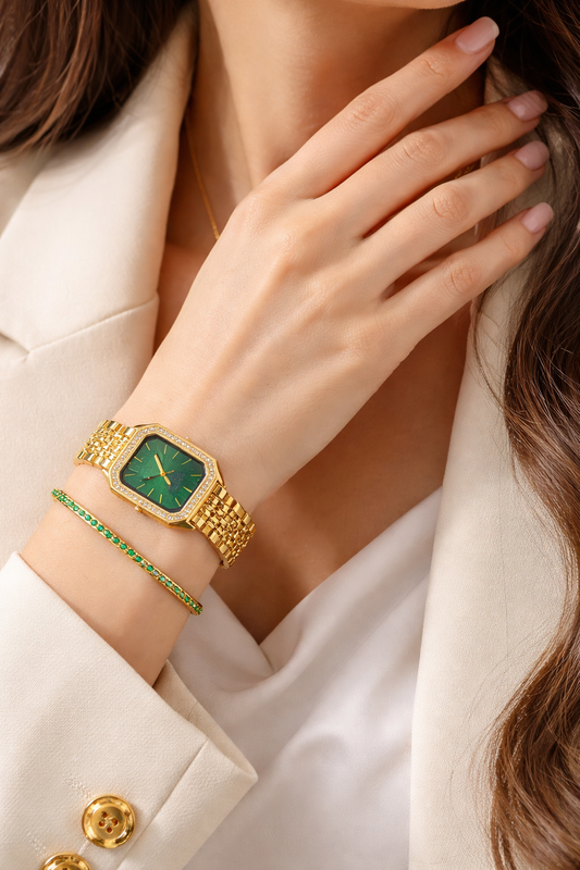 Montre Femme Luxe Dorée + Bracelet Vert Cadeau