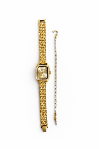Montre Femme Élégante Dorée + Bracelet