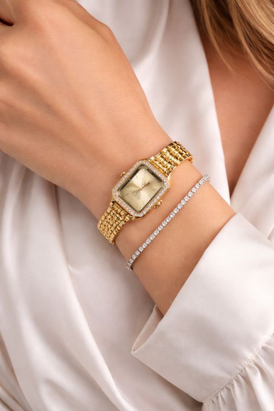 Montre Femme Élégante Dorée + Bracelet