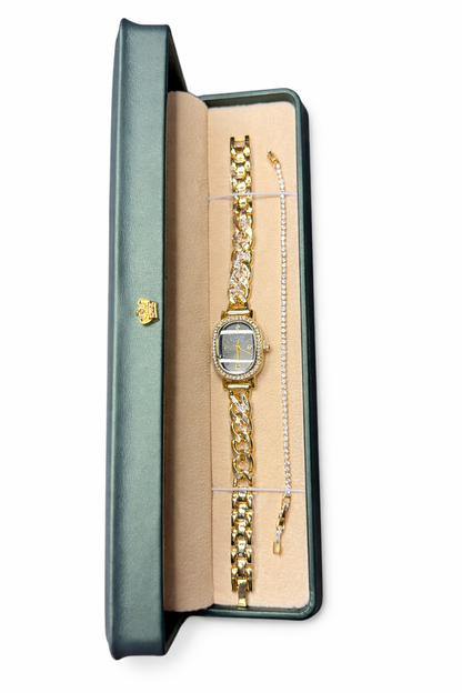 Coffret Montre Femme Dorée Cadran Noir – Élégance Luxe