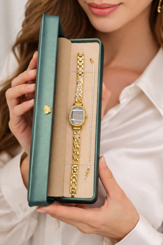 Coffret Montre Femme Dorée Cadran Noir – Élégance Luxe